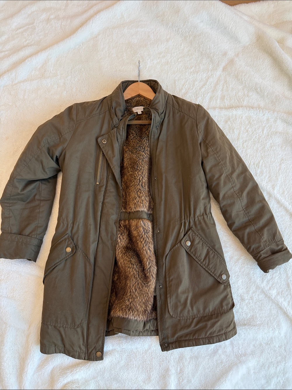 Barneys New York Olive Green Parka with Faux Fur Lining